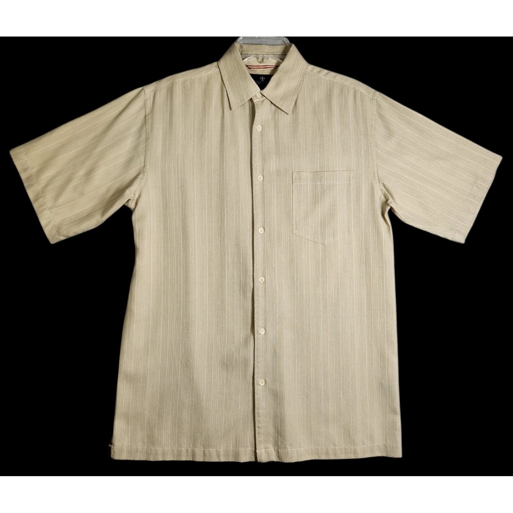 Toscano 100% Silk Beige Short Sleeve Button Up Shirt Men's Small Texture Stripe